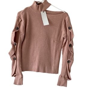 N12H Ribbed Mock‎ Neck Button Long Sleeve  Top XS Pink Knit Merino Wool Blend